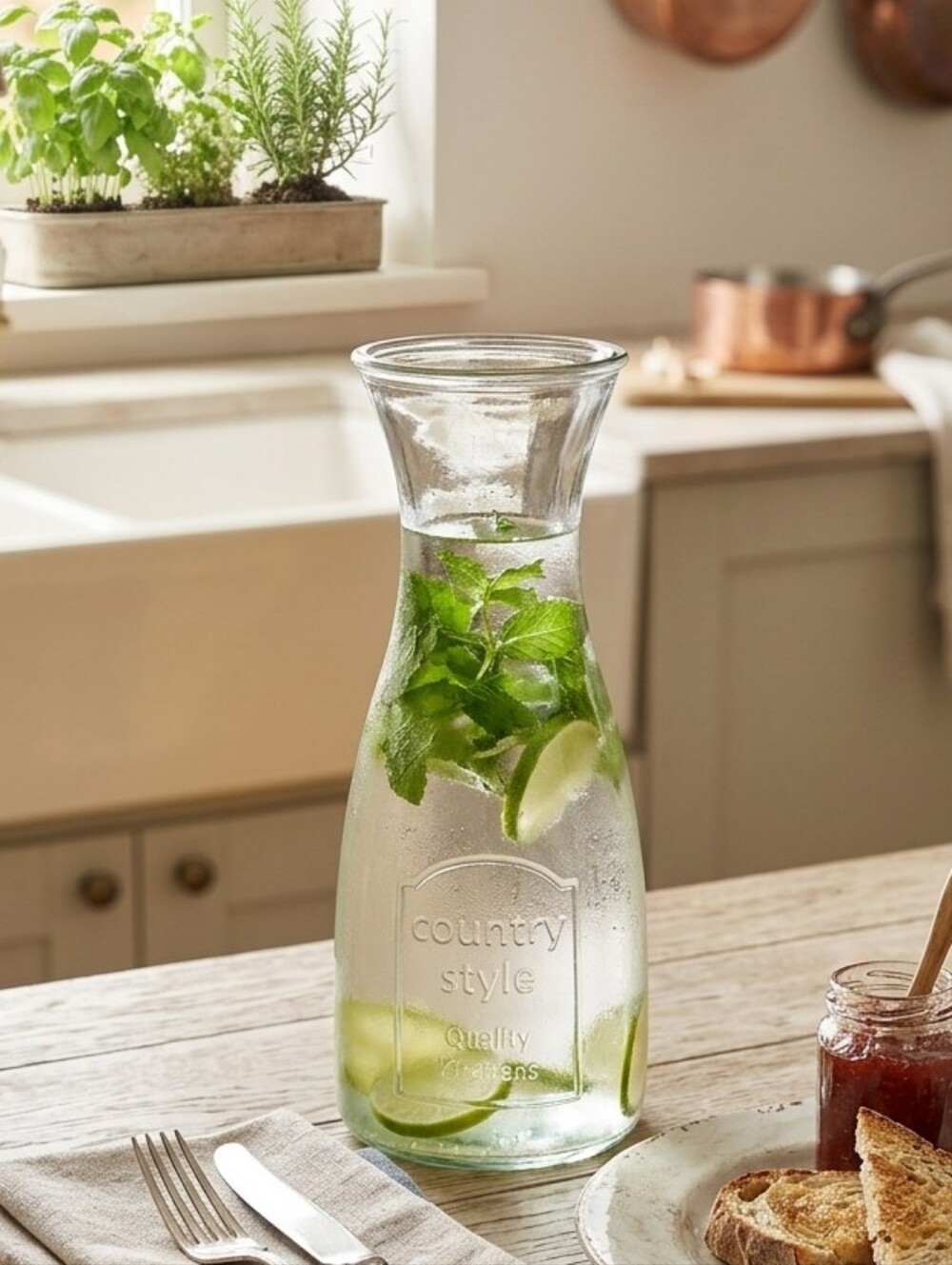 Farmhouse Glass Carafe Vase - Country Style Embossed Juice Pitcher Decor